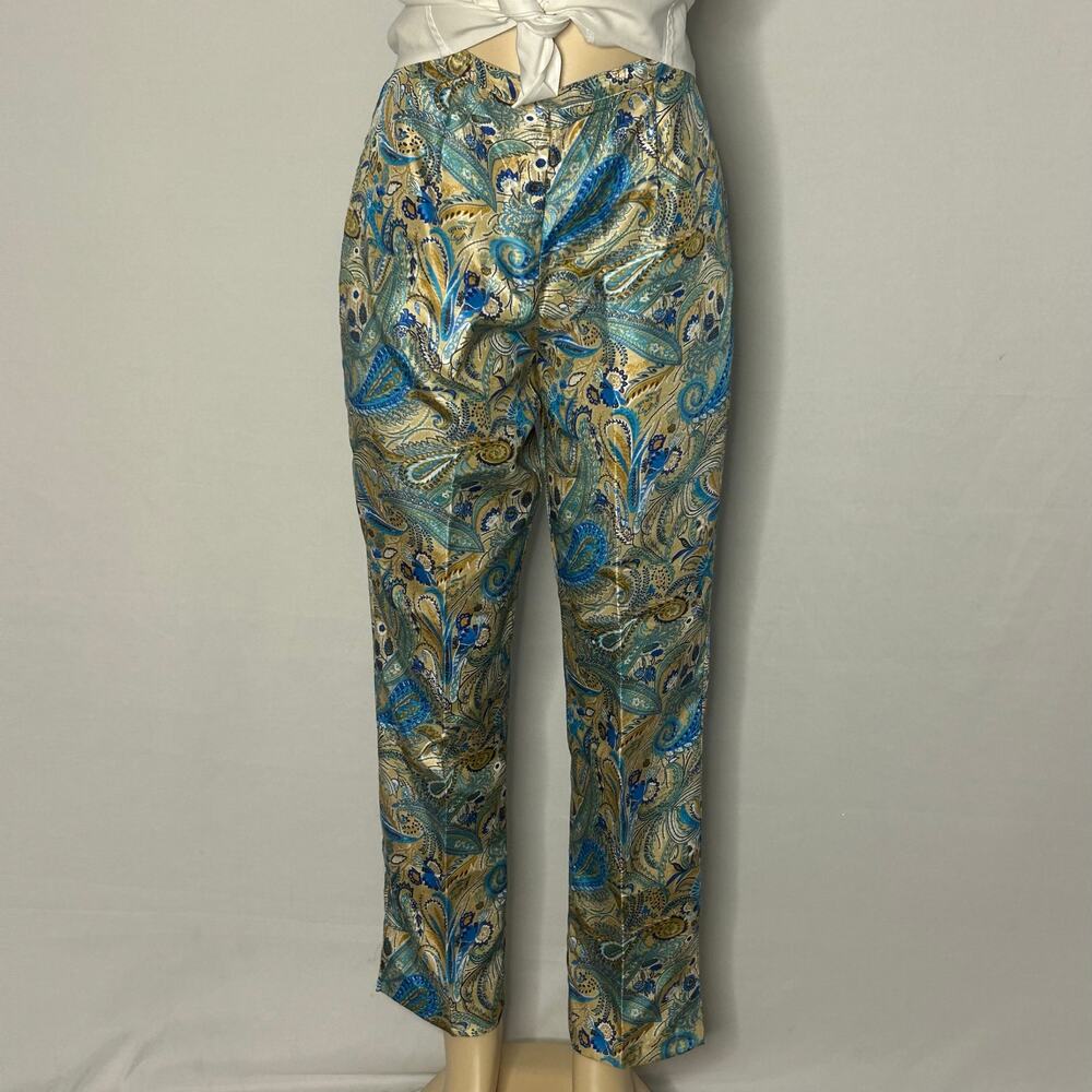 Giorgio Fiorlini Paisley Satin Trousers Blue Gold High Waist Slim Leg
